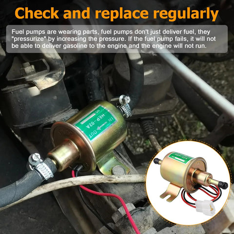 12V Inline Fuel Pump Low Pressure Transfer installed in engine bay with 8mm hose, suitable for motorcycles, lawn mowers, carburetors.