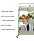 Go To Space Saving Foldable 3 Tier Rolling Cart With Wheels, Heavy Duty Metal Utility Trolley Organizer in green, front view