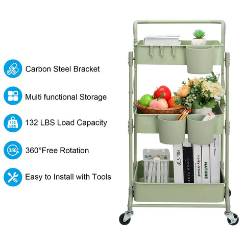 Go To Space Saving Foldable 3 Tier Rolling Cart With Wheels, Heavy Duty Metal Utility Trolley Organizer in green, front view