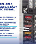 Close-up of Dual Bus Blade Fuse Block With Ground and Cover Twelve Fused Circuits 100 Amp Marine Power Center features.