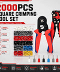 Premium Ferrule Crimping Tool Kit With Square Die Pliers And Auto Wire Stripper, 2000 Piece Connector Set In 8 Sizes For 0.5 To 10mm² Electrical Wires. Square crimping tool set with ferrule box and color-coded terminals.