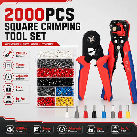 Premium Ferrule Crimping Tool Kit With Square Die Pliers And Auto Wire Stripper, 2000 Piece Connector Set In 8 Sizes For 0.5 To 10mm² Electrical Wires. Square crimping tool set with ferrule box and color-coded terminals.