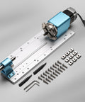 Rotary Module Kit For Prover XL 4030 V2 CNC Router with NEMA23 motor, planetary gear, 4 jaw chuck, speed reducer, screws, and tools.