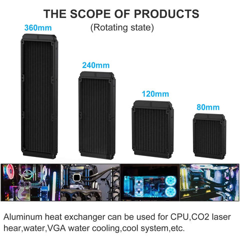 Beefy 12 Pipe Aluminum Water Cooling Radiator For PC, 120mm Liquid Cooling Heat Exchanger With 12 Tubes, DC12V Black Radiator Kit With Tubing Ideal For High Performance Gaming Rigs And Workstations With Easy Install And Upgrade Friendly Tubing. 360mm black aluminum radiator for PC water cooling, shown with 240mm, 120mm, and 80mm sizes