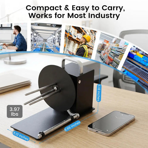 Hardcore Automatic Label Rewinder Machine Handles Coreless And Up To 1.1 Inch Cored Rolls with compact design and handle for easy transport.