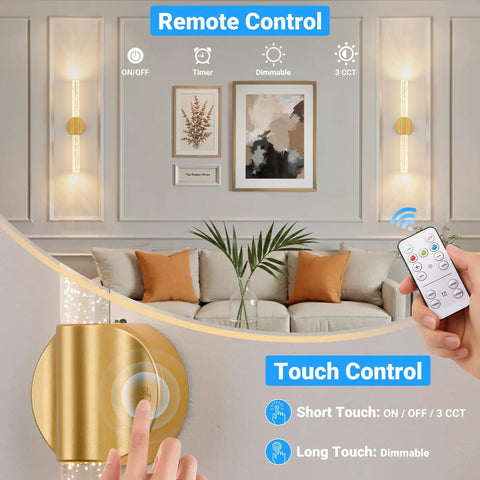 Gold Battery Operated Wall Sconces Set Of 2 Peel And Stick Magnetic Linear Lights for bedroom with remote and touch control