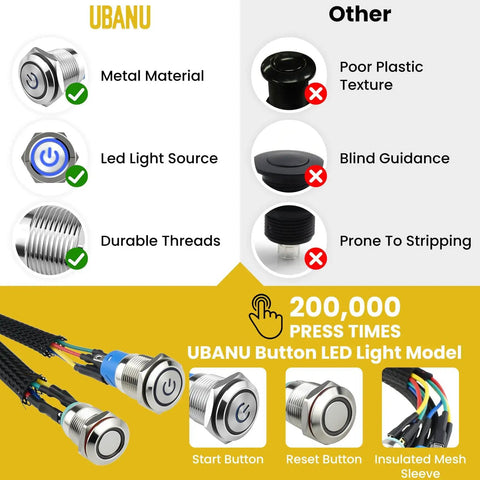 Collage showing 2 Pack Chassis Switch With Metal Button 12mm Boot Reset And 16mm Host Switch Cable 60cm Extension features.