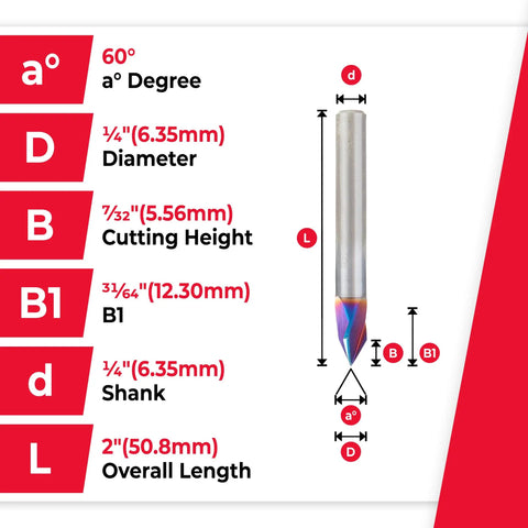 Diagram of Spektra Extreme Tool Life Coated Solid Carbide V-Groove Router Bit 60 Degree 1/4 D 7/32 CH Shank 1/4 Inch 3 Flute CNC Bit
