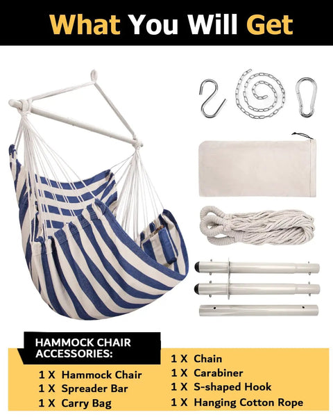 XXL Hammock Chair For Adults Large 70.9 By 47.2 Inch Swing Seat With 500 Lb Capacity Heavy Duty Steel Spreader Bar accessories shown