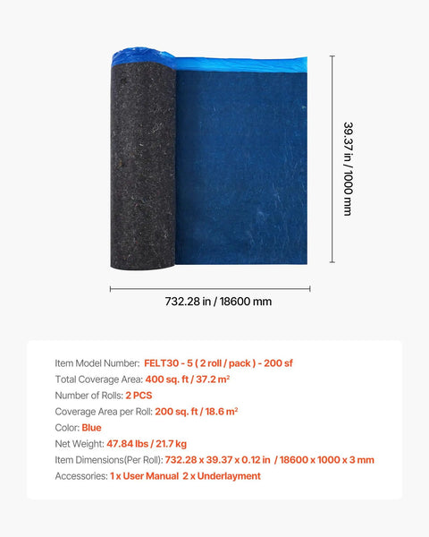Heavy Duty Floor Underlayment Covers Four Hundred Square Feet Featuring Integrated Vapor Barrier And Acoustic Core, blue roll measuring 732.28 x 39.37 inches.