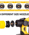 Top Shelf Cordless Paint Sprayer Airless Tool Only Works With DeWalt 20V Batteries Featuring Boss Level Brushless Motor Four Precision Copper Nozzles One Liter Tank And Disposable Funnels For Deck Painting showcasing four interchangeable copper nozzles.