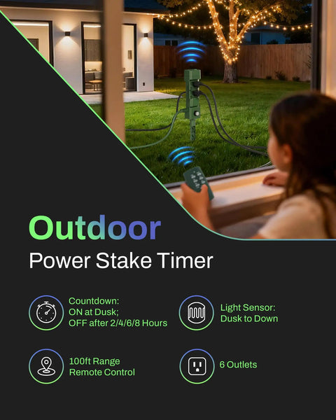 Outdoor Power Stake Timer With Six Outlets, 100 Feet Wireless Remote, Dusk To Dawn Sensor, yard setup at night