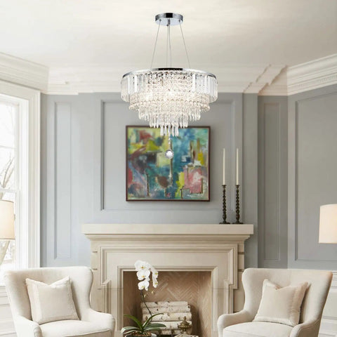 Glam Crystal Chandelier Pendant Light, 19.7 Inch Teardrop Crystal Drops, 6 Lights in modern living room above fireplace.