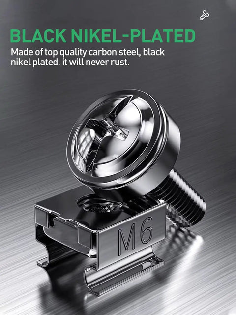 Black nickel-plated M6 screw and cage nut set for reliable hardware in server cabinets, part of No Sweat 100 Pack M6 X 16mm Rack Mount Cage Nuts Heavy Duty Screw And Washer Hardware Kit.