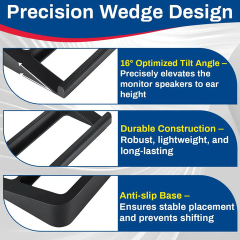Pair Of Desktop Speaker Stands For Small Monitors With 16 Degree Tilt Wedge Shaped Riser And Shock Absorbing Foam design features