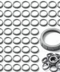 50 Pack 2 Inch Gray Plastic Conduit Bushings Heavy Duty Insulating Sleeves arranged, showing multiple bushings and a larger connector for wiring.
