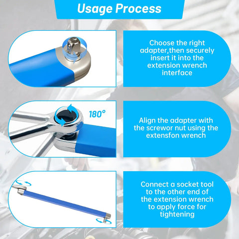 Usage process for Offset Extension Wrench Set With 15 Inch Reach, Impact Ready Socket Wrench Kit with blue adapters