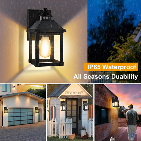 Rock Solid Outdoor Solar Sconce Lights Featuring Integrated Panels For Instant Front Porch Glow And Zero Wiring Hassle Free Weather Resistant Wall Mount Fixtures Straight Up Reliable Dust To Dawn in a rain setting with warm light.