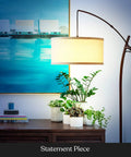 Arc Floor Lamp With Linen Shade Sleek Bronze Finish Adjustable Arm for Living Room Office Reading Over Sofa Industrial Style Lighting