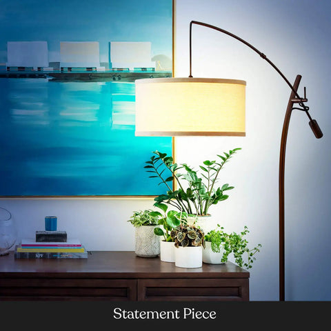Arc Floor Lamp With Linen Shade Sleek Bronze Finish Adjustable Arm for Living Room Office Reading Over Sofa Industrial Style Lighting