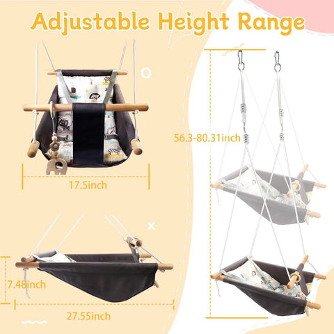 Indoor And Outdoor Baby Swing For Infants To Toddlers Portable Adjustable Porch Swing With Five Point Safety Belt Supports Up To One Hundred Fifty Pounds Great For Living Room Garden Backyard Tree Hanging Chair, adjustable height range illustration.