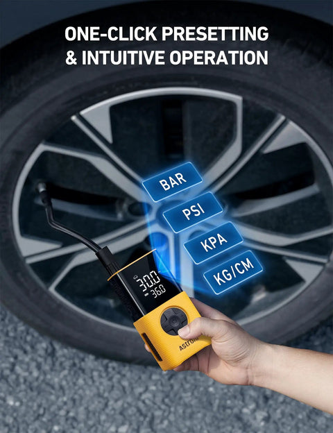 Person using Cordless Tire Inflator With Digital Dual Display 150 PSI Portable Air Pump on car tire, LED options visible