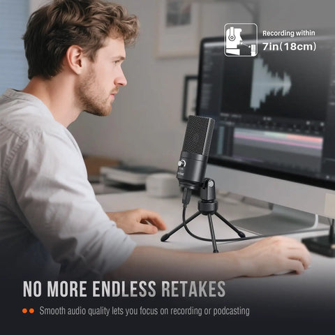USB Condenser Microphone For Mac And Windows on desktop setup with man using computer for podcasts and streaming.