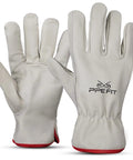Badass 12 Pair Leather Work Gloves Built Like A Tank Deliver Heavy Duty Non Slip Grip For Grinding Construction Jobs Rugged Yard Labor And Warehouse Shifts Large Fit - beige leather gloves with red trim, showing palms.
