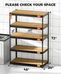 Beefy 4000 Lbs Five Tier Metal Garage Shelving Unit With 72 Inch High, 48 Inch Wide, 24 Inch Deep, Matte Black Powder Coat Finish, Heavy Duty Steel Storage Rack Built To Last In Tough Garage. 72x48x24 shelf dimensions shown