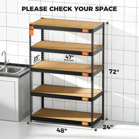 Beefy 4000 Lbs Five Tier Metal Garage Shelving Unit With 72 Inch High, 48 Inch Wide, 24 Inch Deep, Matte Black Powder Coat Finish, Heavy Duty Steel Storage Rack Built To Last In Tough Garage. 72x48x24 shelf dimensions shown