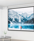 Rock Solid Universal Projector Screen Ceiling Mount With Heavy Duty Steel Brackets And Adjustable L Shape Hook in a home office setting.