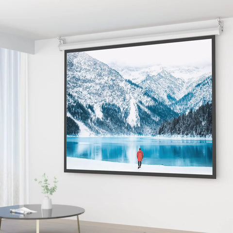 Rock Solid Universal Projector Screen Ceiling Mount With Heavy Duty Steel Brackets And Adjustable L Shape Hook in a home office setting.