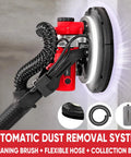 Drywall Sander With Vacuum Attachment 800W Power, 900 to 1800 RPM in action on wall, showing auto dust extraction system