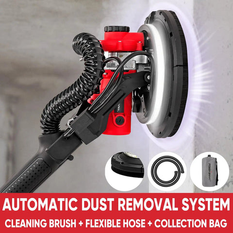 Drywall Sander With Vacuum Attachment 800W Power, 900 to 1800 RPM in action on wall, showing auto dust extraction system