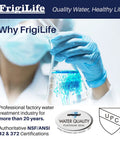 Scientist holding beaker of clear blue water with NSF certifications visible, symbolizing quality control for Solid Refrigerator Water Filter Replacement 3 Pack For EPTWFU01 EWF02 Pure Source Ultra II Ultra 2 SCWFTCTO GP006 EPTWFUO1 MR022 JO22 BO022 TH01 DE022 0.5 Micron Lead Free BPA Free NSF 42 372 Certified 1007 3 Pack.