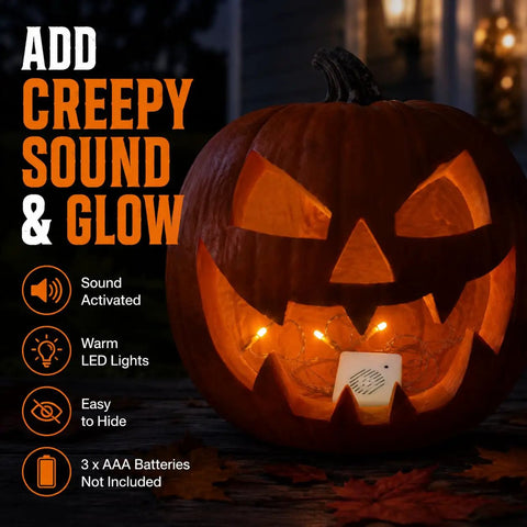 Sound Activated Halloween Fright Box With Three Glowing Led Lights And Scream Module inside a carved pumpkin.