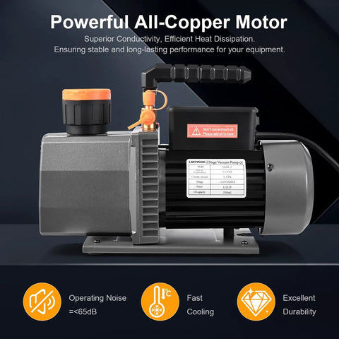 No Sweat 5 CFM Two Stage HVAC Vacuum Pump Half Hp Copper Motor with orange handle and oil gauge for residential and auto AC use.