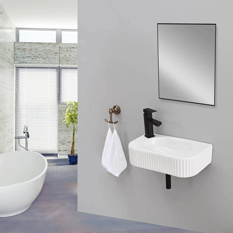 Rectangular Wall Mount Vessel Sink In White Porcelain Ceramic With Faucet And Drain installed in modern bathroom