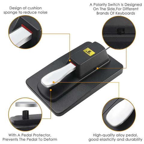 Sustain Pedal Universal Foot Controller Switch For Keyboards Digital Pianos MIDI Synthesizers And Electronic Organs With 6.35mm 1 Quarter Inch Damper Pedal, showing close-up details like cushion, polarity switch, and pedal protector