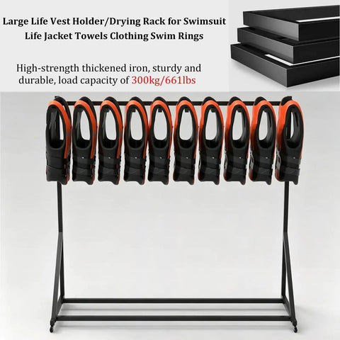 Heavy-Duty Freestanding Life Vest Holder And Gear Rack Boss-Grade Swivel-Wheel Dock Organizer with life jackets, iron frame