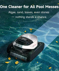 Heavy Duty Cordless Robotic Pool Cleaner with Badass 8000 GPH Suction cleaning pool with leaves and debris visible in water.