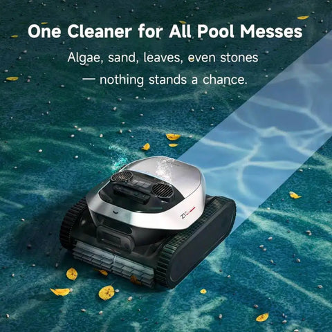 Heavy Duty Cordless Robotic Pool Cleaner with Badass 8000 GPH Suction cleaning pool with leaves and debris visible in water.
