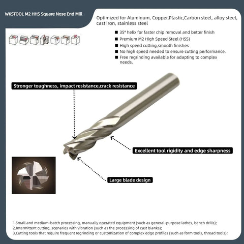 WKSTOOL HSS square-nose end mill, 4-flute metal-cutting CNC router bit, angled view