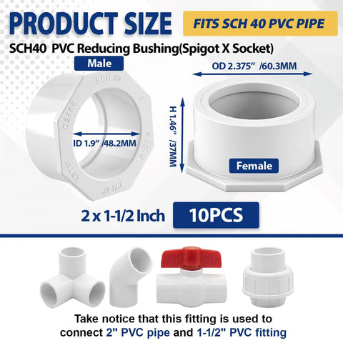 10 Pcs 2 Inch By 1 And A Half Inch PVC Reducer Bushing Pipe Fittings Spigot To Socket Sch 40 Pressure Rated
