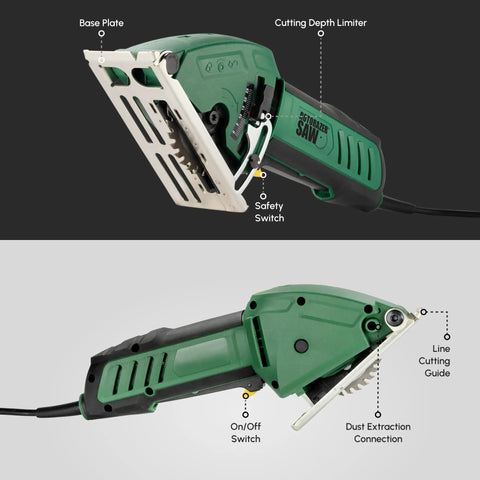 Compact Circular Saw Set For DIY Projects Cut Drywall Tile Grout Metal Pipes PVC Plastic Copper And Carpet With Blades Dust Collector And Case Super Handy As Seen On TV Green, showing base plate, safety switch, and dust extraction connection.