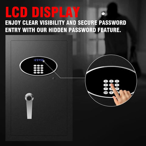 Heavy Duty 10 Cu Ft Home Safe Box With Digital Keypad And Key Lock displaying LCD screen close-up with finger input