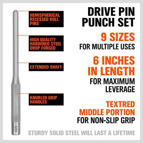 9-Piece Roll Pin Punch Set For Fast Pin Removal With Durable Chrome Vanadium Steel, Built For Automotive, Firearm Maintenance.
