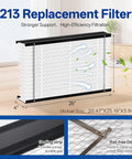 Two Pack Replacement Filter For 213 MERV 13 HVAC Furnace Filter Fits 213 Whole House Air Purifiers Models 1210 1620 2210 2216 3210 4200 20x25x4 Inches For Clean Air At Home with size dimensions and sealing strip details