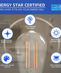Retro E26 LED Filament Bulb ST21 Glass Edison Style For Old School Vibe, highlighting energy efficiency and certification details.