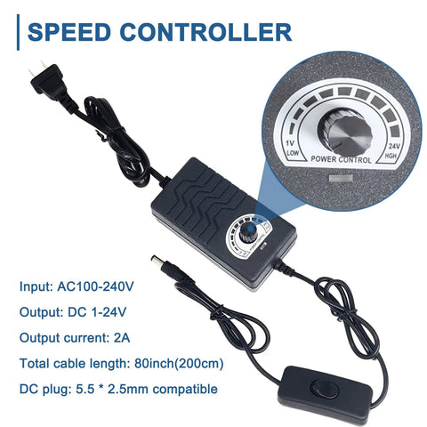 JQDML 24V reciprocating linear actuator with speed controller dial, black housing